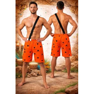 Imagem de Fantasia Adulto Homem das Cavernas Masculina com Suspensório Integrado, Short Laranja com Triângulos Pretos em EVA, Osso Decorativo, Ideal para Carnaval, Halloween e Festas Temáticas (P)