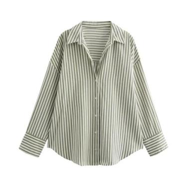 Imagem de Camisa Feminina De Manga Longa Listrada Com Lapela, Ajuste Solto, Pope