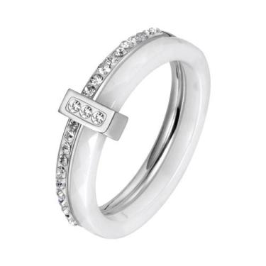 Imagem de Anel De Noivado Em Cristal Cerâmico Preto E Branco Com Ouro Rosa E Aço