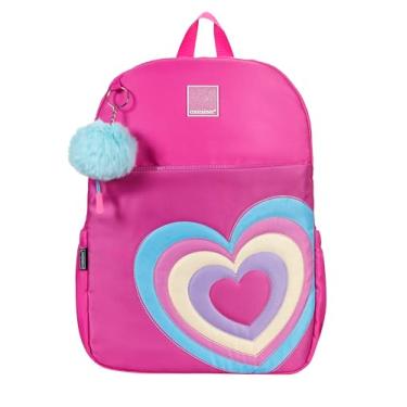 Imagem de Mochila Container Color Hearts, Roxo com Coração em Relevo, Chaveiro de Pelúcia Rosa, Compartimentos Frontais e Porta Garrafas