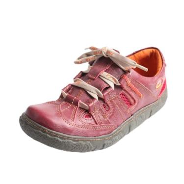 Imagem de TMA EYES Tênis feminino casual de malha respirável com cadarço e couro, Vermelho, 37