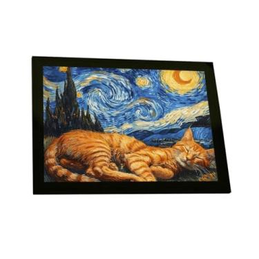 Imagem de Quadro Decorativo Gato Dormindo Noite Estrelada Van Gogh Decoração Poster Quarto Sala