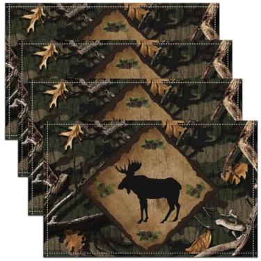 Imagem de Jogo americano com silhueta de alce da selva verde camuflado folhas botânicas tapetes de mesa para crianças adolescentes adultos animais selvagens pinhas estilo rústico tapetes de cozinha para mesa de