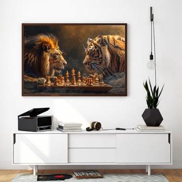 Imagem de Quadro Decorativo Leão vs Tigre Jogando Xadrez Sala Hall Escritório 100x70cm (02, Tabaco, 100x70)