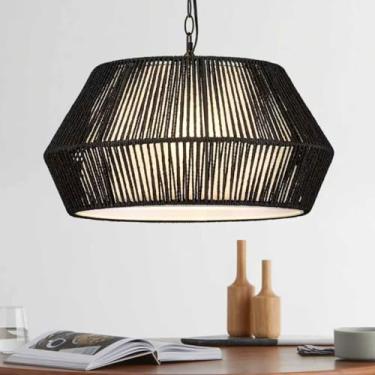 Imagem de ELYONA Lustres modernos de 50,8 cm para sala de jantar, lustre de vime grande de 4 luzes com sombra de tecido ajustável boho trançado pendente para cozinha, ilha, sala de estar, quarto, preto