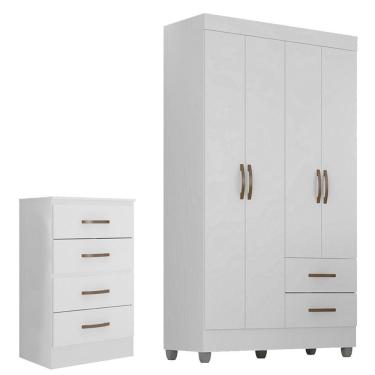 Imagem de Kit Guarda-roupa Solteiro 4 Portas E Cômoda 4 Gavetas Lisa Branco