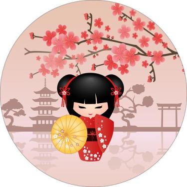 Imagem de Painel de Tecido Sublimado Redondo Boneca Japonesa Kokeshi Flores Verm