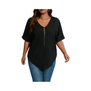 Imagem de Camiseta Feminina plus Size Com Decote Em V, Manga Curta, Com Zíper, C