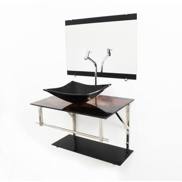 Imagem de Gabinete De Vidro 60Cm Inox Cuba Quadrada - Madeira Rústica