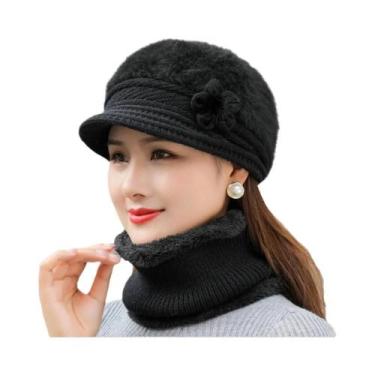 Imagem de Conjunto de Chapéu e Cachecol de Malha para Inverno - Forrado com Pele