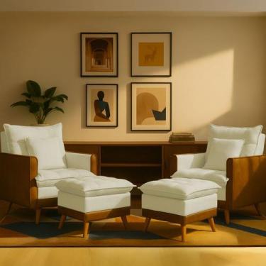 Imagem de Kit 2 Poltronas Sofá Reclinável Londres com 2 Puff Banqueta Almofadado