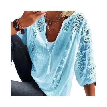 Imagem de Blusa Feminina Vintage De Renda Vazada Com Decote V, Manga Curta Solta