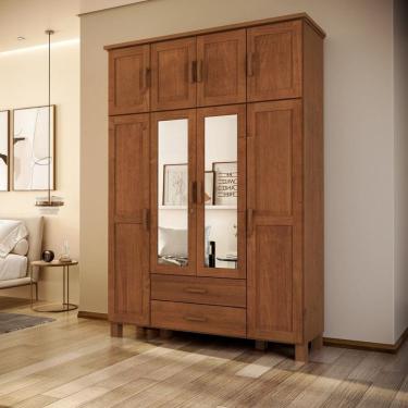 Imagem de Guarda-roupa Bipartido 8 Portas 2 Gavetas com Espelho 100% Madeira Maciça Bronze Castanho