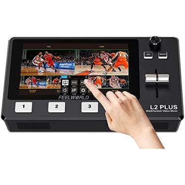Imagem de FEELWORLD Misturador de vídeo com várias câmeras L2 Plus com tela LCD sensível ao toque de 5,5 polegadas, controle PTZ, chave cromada integrada e sobreposição de logotipo, transmissão ao vivo USB3.0