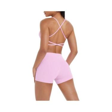Imagem de Conjunto De Yoga Feminino De Cintura Alta Com Top Halter E Shorts De T