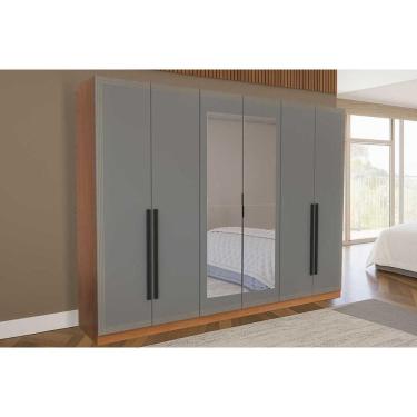 Imagem de Guarda Roupa 6 Portas (2 c/ Espelho) e 4 Gavetas Valência Freijo/Cinza - Politorno