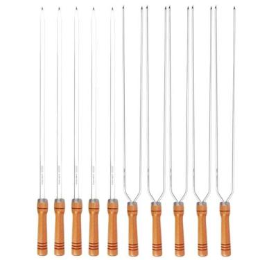 Imagem de Kit 10 Espetos 70cm Preparo Churrasco Simples e Duplo Cabo Madeira Alu