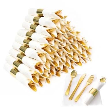 Imagem de Conjunto de talheres Delbay, plástico dourado pré-laminado, 200 peças 
