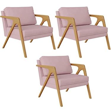 Imagem de Kit 03 Poltronas Decorativas Para Sala Estar Pietra Estrutura De Madeira L02 Suede Rosê - Lyam Decor