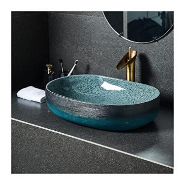 Imagem de jinyi2016SHOP Pia de cerâmica para banheiro com pia única arte retrô acima do balcão, lavatório para banheiro doméstico, 45 cm x 33 cm, oval, pias azuis de banheiro