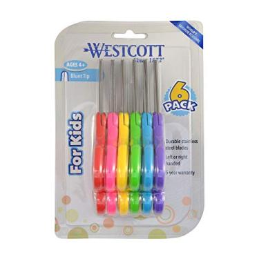 Imagem de Westcott 16454 Tesoura para destros e canhotos, tesoura infantil, idades 4-8, ponta cega de 12,7 cm, sortida, pacote com 6