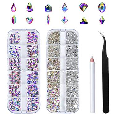 Imagem de Kit de arte de unhas de strass HUETFAT 120 peças de várias formas de vidro cristal de unhas abs pedras de unhas joias + pedras de unhas planas strass para unhas 2400 peças com pinça e lápis de cera (120+2400 peças)