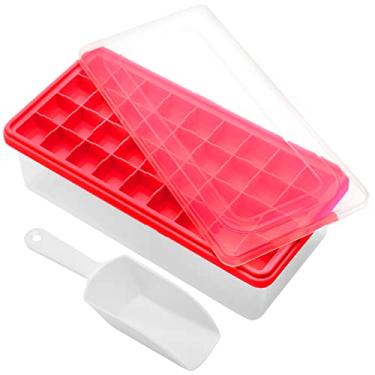 Imagem de Bandeja de silicone para cubos de gelo de qualidade alimentar com tampa e compartimento de armazenamento para freezer, bandeja de gelo pequena de 36 pepitas de fácil liberação com tampa e balde resistentes a derramamentos, moldes de cubo de gelo flexíveis com recipiente de gelo, tampa de colher