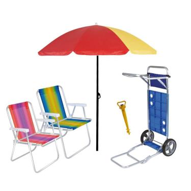 Imagem de Kit Praia Carrinho Com Avanço + Guarda Sol + 2 Cadeira Alta Aluminio + Saca Areia - Mor