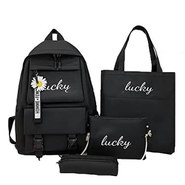 Imagem de 4 peças/conjunto mochila universitária grande capacidade bolsa casual mochila de viagem computador com estojo, bolsa, bolsa de moedas, preta, 1