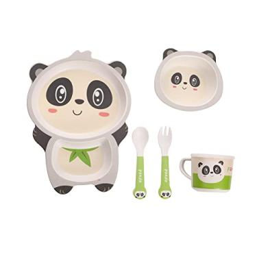 Imagem de Fekdod Conjunto de louça infantil de bambu, 5 peças com prato de tigela e garfo (panda)