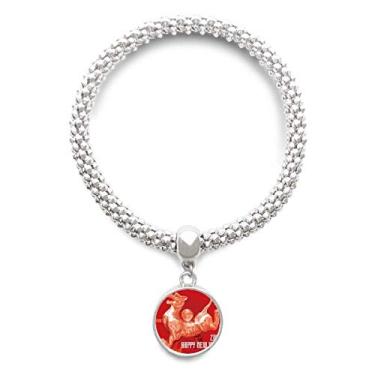 Imagem de DIYthinker Pulseira de prata com pingente redondo de galo Happy New Year