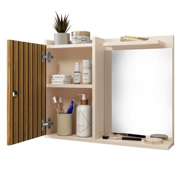 Imagem de Espelheira Suspensa Madri Armário Parede Armarinho Banheiro Prateleira Organizadora - Off White/Ripado Nature - RPM Móveis