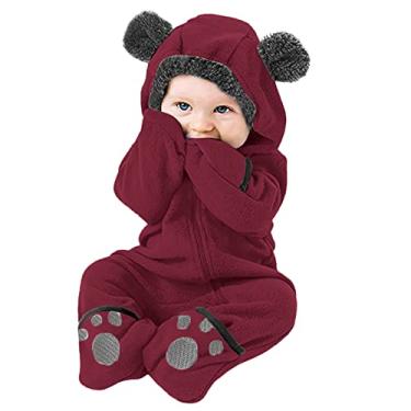 Imagem de Macacão infantil com capuz e orelhas de bebê bebê menina menino macacão com capuz para meninas casaco e jaqueta de inverno (vinho, 0-3 meses)