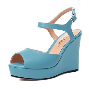 Imagem de WAYDERNS Sapato feminino com tira no tornozelo plataforma peep toe fosco fivela sólida moda cunha salto alto salto alto 10 cm, Azul claro, 8.5