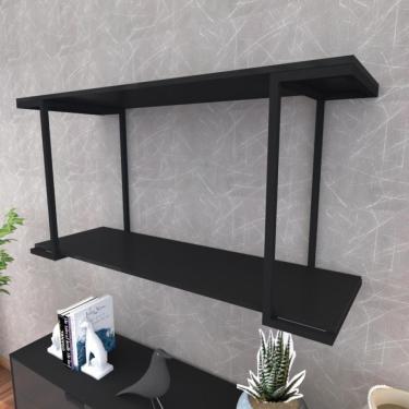 Imagem de Prateleira Industrial Suspensa Estante Parede Nicho Preto Ferro E Madeira Suporte Pratileira