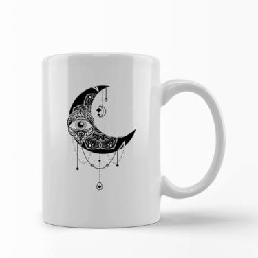 Imagem de CANECA PORCELANA BRANCA LUA MINGUANTE OLHO E CORRENTES DETALHISTA