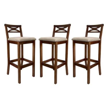 Imagem de Kit 3 Banquetas Alta X Estofada 38x104Cm Ilha Encosto Madri Madeira Maciça Castanho Suede Bege - CCS