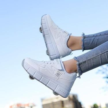 Imagem de Sapatos de patins infantis masculinos e femininos, sapatos com rodas, 2 em 1, patins multiuso com rodas duplas, ginástica ao ar livre, tênis fashion técnico, branco, 41 UE