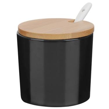 Imagem de Kitchenexus Açucareiro com tampa e colher, recipiente de açúcar de cerâmica com colher e tampa de bambu para cafeteria, pote dispensador de açúcar, tempero, pote de sal para cozinha, 230 ml, preto