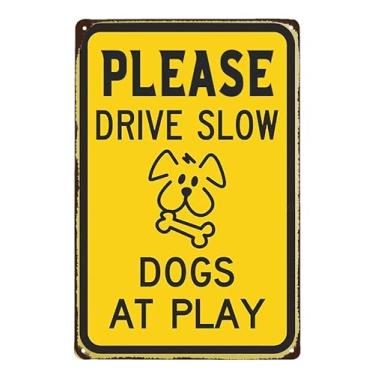 Imagem de Please Drive Slow - Dogs at Play Drive Slow Signs Please Down Sign Watch Dogs Play Indoor Outdoor Road Dog Yard Water Metal Tin Signs 20 x 30 cm