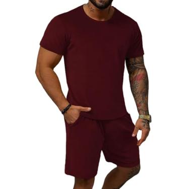 Imagem de Uni Clau Conjunto masculino de 2 peças, camisetas e shorts de manga curta de verão, conjunto esportivo casual atlético, Vermelho, M