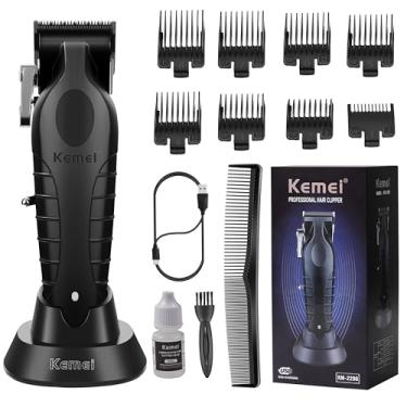 Imagem de KEMEI 2296 Aparadores de cabelo profissionais para homens, kit de corte de cabelo com fio/sem fio, aparador de cabelo e barba, cortador de barbeiro com lâmina T com USB recarregável, preto