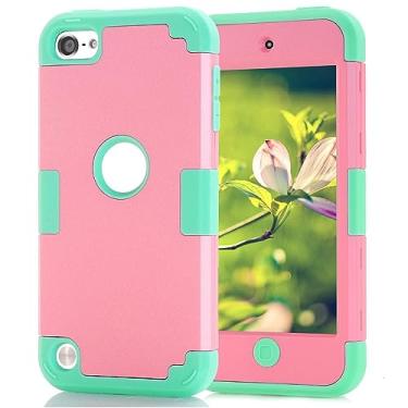 Imagem de Capa para iPod Touch 5 para iPod Touch 6, capa rígida de policarbonato de camada dupla + capa dura de silicone à prova de choque resistente de alto impacto para Apple iPod Touch 5/6/7ª geração (rosa +