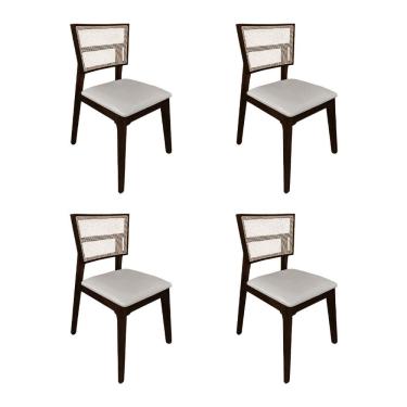 Imagem de Kit 4 Cadeiras de Jantar Manuela em Tela Assento Veludo Bege Base em Madeira Maciça - Castanho