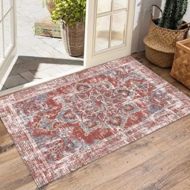 Imagem de Vhong Tapetes vintage Boho lavável neutro moderno tijolo vermelho vinho 2x3 antiderrapante pequeno tapete para corredor banheiro entrada