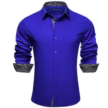 Imagem de Barry.Wang Camisa social masculina resistente à água manga comprida gola patchwork camisa para negócios/casamento smoking regular, Flor preta azul, M