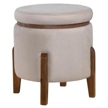 Imagem de Puff Baú Redondo Di Luan Pés de Madeira Maciça Veludo Bege
