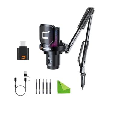 Imagem de comica Microfone USB sem fio para computador e smartphone, microfone condensador cardióide RGB de 48kHz/24 bits para jogos para podcasting, streaming,gravação com suporte de braço boom-preto (Uni ProA