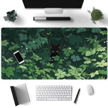Imagem de Tapete de rato de mesa de gato preto, tapete de mesa com plantas verdes, anime, grande, tapete de rato para jogos, GG, material de escritório, tapete de mesa longo, teclado para laptop, GG, tapete de
