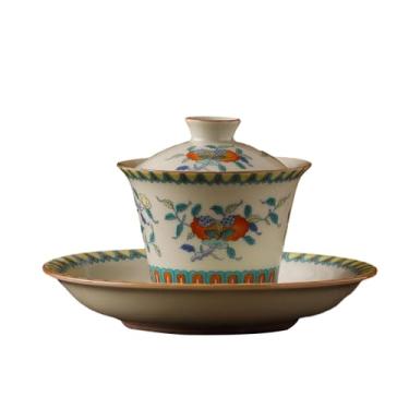 Imagem de Xícara de chá de cerâmica com padrão floral criativo, conjunto de chá Kung Fu de cerâmica retrô para casa - esmalte amarelo secreto três imagens duas tampas de tigela Cai + suporte de panela
